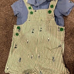 18 month boys blue golf polo with green and white seersucker overalls